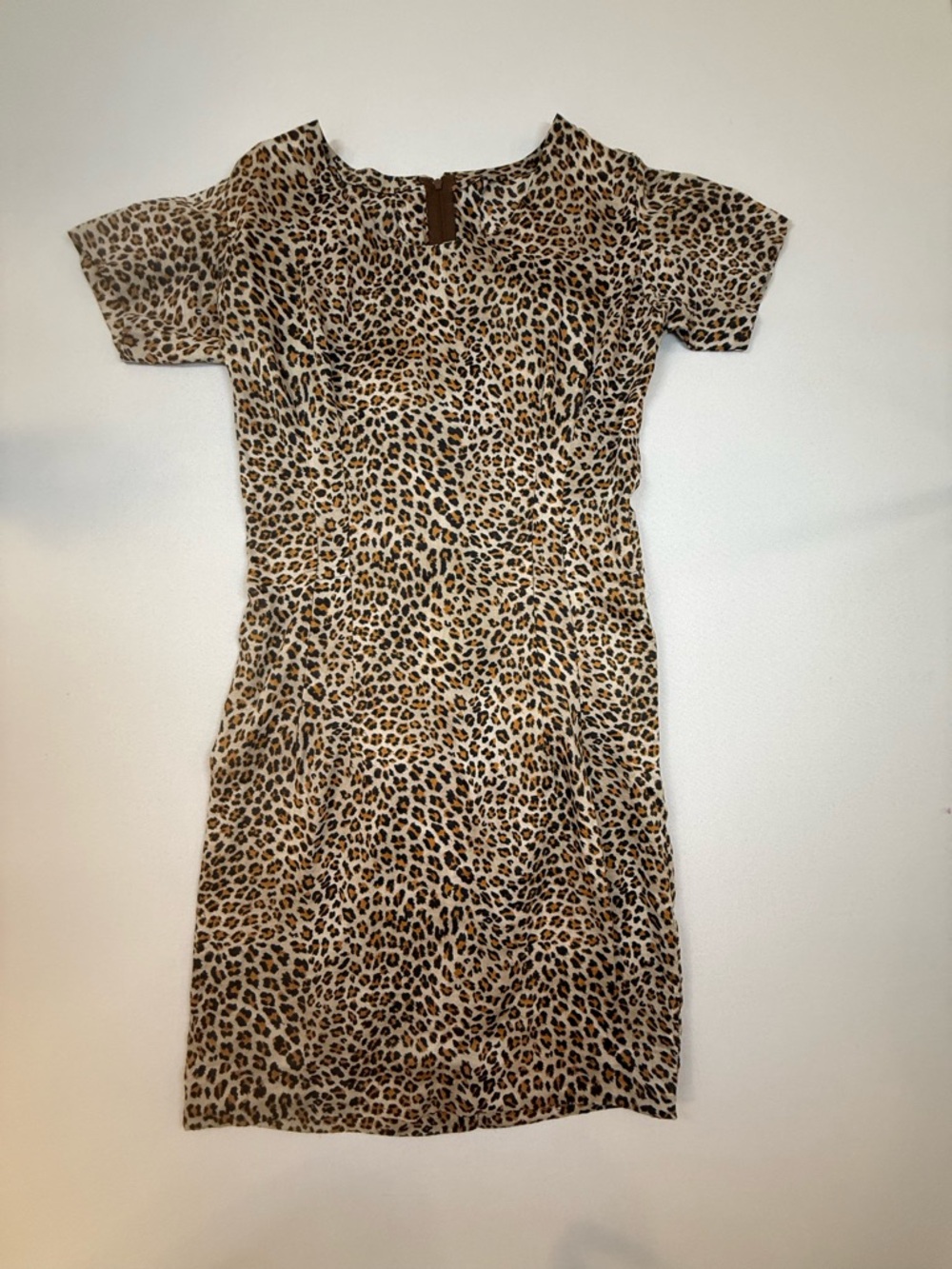Vintage Leopard Print Short Sleeve Dress - Brown, Black, Cream